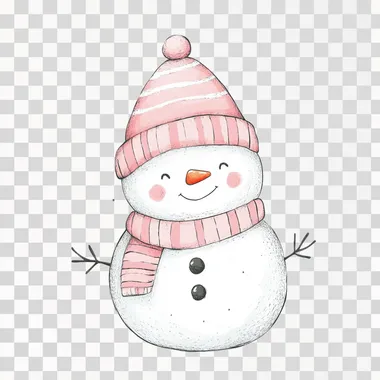 Snowman vector illustration, Snowman Vector Art, snowman, wearing a pink wool hat and pink striped wool scarf, clipart, vector, white background