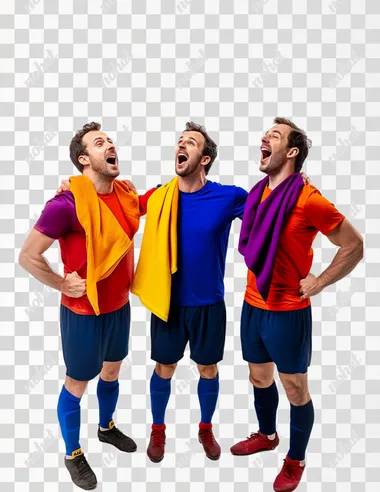 Captured in full-body, profile view, Three men dressed in colorful soccer jerseys and scarves are standing in a bright white photography studio, singing together in celebration after a match. Captured in full-body, profile view, each man is animated and engaged, with open mouths and joyful expressions as they sing. Their scarves and jerseys display vibrant team colors, creating a lively, energetic atmosphere. The lighting is bright and hyper-realistic, capturing every detail, from the textures of their clothing to their expressive body language. The clean studio backdrop emphasizes their excitement and camaraderie