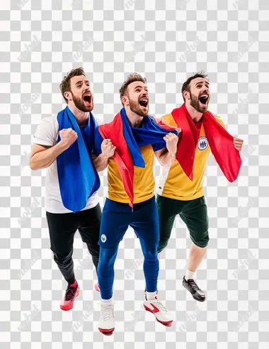 Captured in full-body, profile view, Three men dressed in colorful soccer jerseys and scarves are standing in a bright white photography studio, singing together in celebration after a match. Captured in full-body, profile view, each man is animated and engaged, with open mouths and joyful expressions as they sing. Their scarves and jerseys display vibrant team colors, creating a lively, energetic atmosphere. The lighting is bright and hyper-realistic, capturing every detail, from the textures of their clothing to their expressive body language. The clean studio backdrop emphasizes their excitement and camaraderie