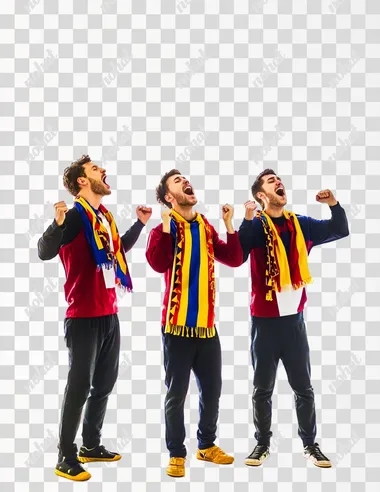 Captured in full-body, profile view, Three men dressed in colorful soccer jerseys and scarves are standing in a bright white photography studio, singing together in celebration after a match. Captured in full-body, profile view, each man is animated and engaged, with open mouths and joyful expressions as they sing. Their scarves and jerseys display vibrant team colors, creating a lively, energetic atmosphere. The lighting is bright and hyper-realistic, capturing every detail, from the textures of their clothing to their expressive body language. The clean studio backdrop emphasizes their excitement and camaraderie