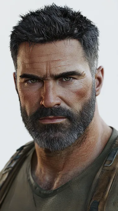 A hyperrealistic medium shot of a stocky man with a round face, short black hair, and a neatly groomed black beard with hints of gray. He gazes confidently at the camera. Bright, even lighting emphasizes his mature features and soft expression against a clean white background. Sharp details, high resolution