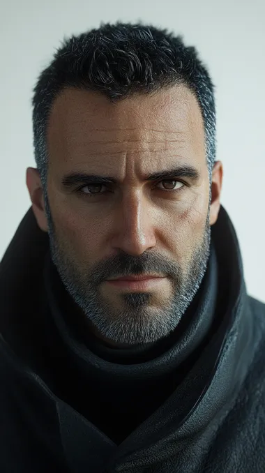 A hyperrealistic medium shot of a stocky man with a round face, short black hair, and a neatly groomed black beard with hints of gray. He gazes confidently at the camera. Bright, even lighting emphasizes his mature features and soft expression against a clean white background. Sharp details, high resolution