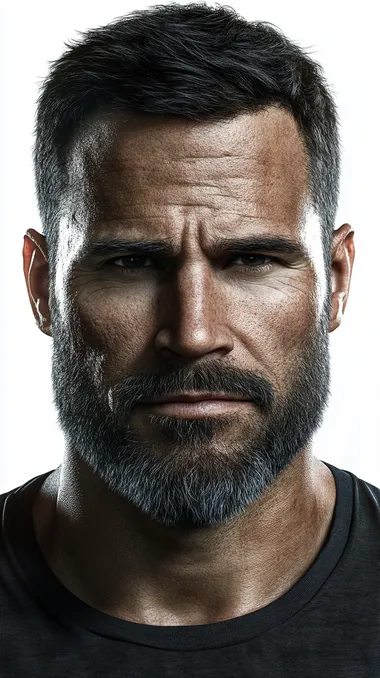 A hyperrealistic medium shot of a stocky man with a round face, short black hair, and a neatly groomed black beard with hints of gray. He gazes confidently at the camera. Bright, even lighting emphasizes his mature features and soft expression against a clean white background. Sharp details, high resolution