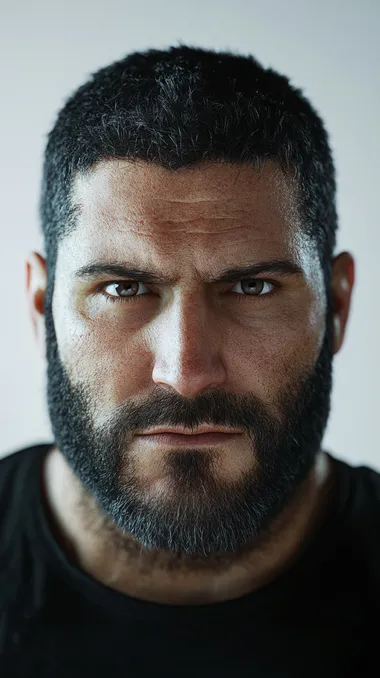 A hyperrealistic medium shot of a stocky man with a round face, short black hair, and a neatly groomed black beard with hints of gray. He gazes confidently at the camera. Bright, even lighting emphasizes his mature features and soft expression against a clean white background. Sharp details, high resolution