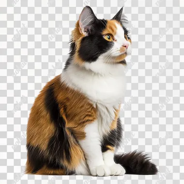 Calico farm cat sitting with a mix of orange, black, and white fur, looking curious, side view, no shadow, cut out, isolated on a white background s 50 q 2