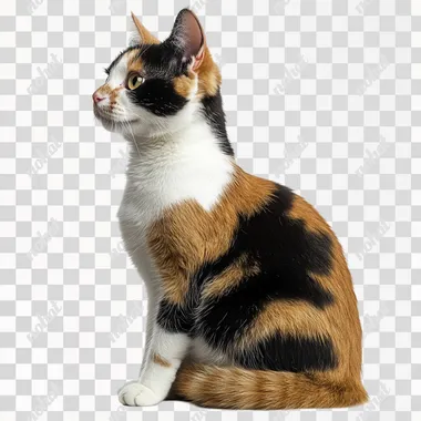 Calico farm cat sitting with a mix of orange, black, and white fur, looking curious, side view, no shadow, cut out, isolated on a white background s 50 q 2
