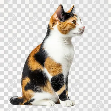 Calico farm cat sitting with a mix of orange, black, and white fur, looking curious, side view, no shadow, cut out, isolated on a white background s 50 q 2