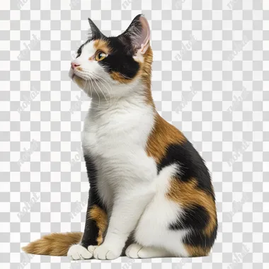 Calico farm cat sitting with a mix of orange, black, and white fur, looking curious, side view, no shadow, cut out, isolated on a white background s 50 q 2