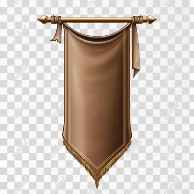 A brown medieval banner hung on a golden pole, with a vector illustration on a white background.