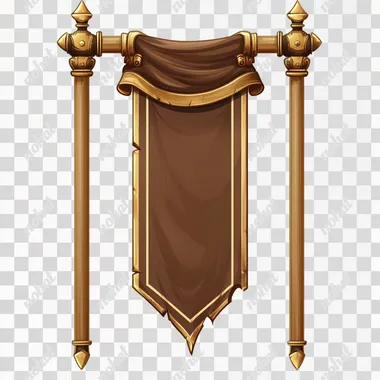 A brown medieval banner hung on a golden pole, with a vector illustration on a white background.