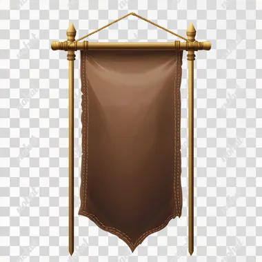 A brown medieval banner hung on a golden pole, with a vector illustration on a white background.