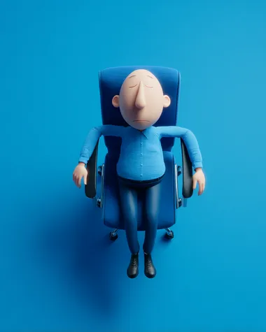 3D rendered character of a bald man sitting in an office chair, camera top-down view, arms resting on armrests, legs relaxed and spread out, head tilted slightly upward with overthinking facial expression, blue office background, blue clothes, simple minimalistic scene, smooth lighting, studio quality,