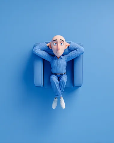 3D rendered character of a bald man sitting in an office chair, camera top-down view, arms resting on armrests, legs relaxed and spread out, head tilted slightly upward with overthinking facial expression, blue office background, blue clothes, simple minimalistic scene, smooth lighting, studio quality,