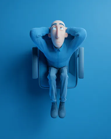 3D rendered character of a bald man sitting in an office chair, camera top-down view, arms resting on armrests, legs relaxed and spread out, head tilted slightly upward with overthinking facial expression, blue office background, blue clothes, simple minimalistic scene, smooth lighting, studio quality,