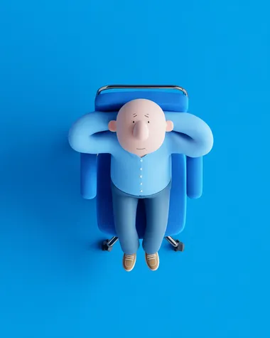 3D rendered character of a bald man sitting in an office chair, camera top-down view, arms resting on armrests, legs relaxed and spread out, head tilted slightly upward with overthinking facial expression, blue office background, blue clothes, simple minimalistic scene, smooth lighting, studio quality,