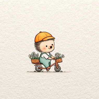 Tiny hedgehog in soft blue trousers and a lemon-yellow cap, riding a tricycle with a basket of daisies. The background is textured off-white paper. The style is fine-line, hand-drawn, whimsical storybook, vintage childrens-book charm. The color palette is soft, muted pastel.  2hqz6dw --s 250   --raw