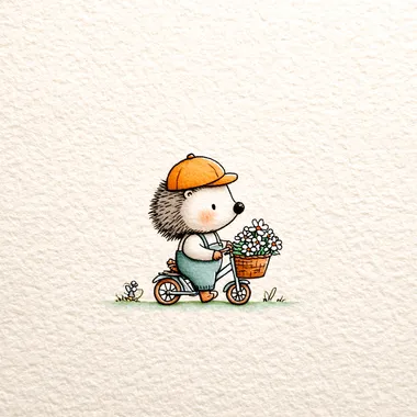 Tiny hedgehog in soft blue trousers and a lemon-yellow cap, riding a tricycle with a basket of daisies. The background is textured off-white paper. The style is fine-line, hand-drawn, whimsical storybook, vintage childrens-book charm. The color palette is soft, muted pastel.  2hqz6dw --s 250   --raw