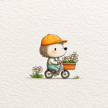 Tiny hedgehog in soft blue trousers and a lemon-yellow cap, riding a tricycle with a basket of daisies. The background is textured off-white paper. The style is fine-line, hand-drawn, whimsical storybook, vintage childrens-book charm. The color palette is soft, muted pastel.  2hqz6dw --s 250   --raw