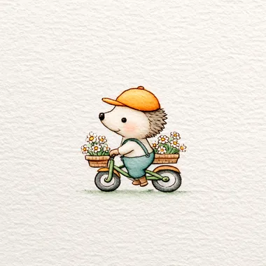 Tiny hedgehog in soft blue trousers and a lemon-yellow cap, riding a tricycle with a basket of daisies. The background is textured off-white paper. The style is fine-line, hand-drawn, whimsical storybook, vintage childrens-book charm. The color palette is soft, muted pastel.  2hqz6dw --s 250   --raw