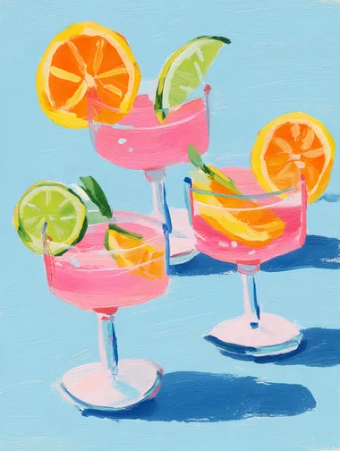 A gouache painting of three pink cocktails with lime and orange slices, in the style of Maira Kalman. The painting features pastel colors, a cute art style, and a fun vibe, set against a light blue background.    gy68by1