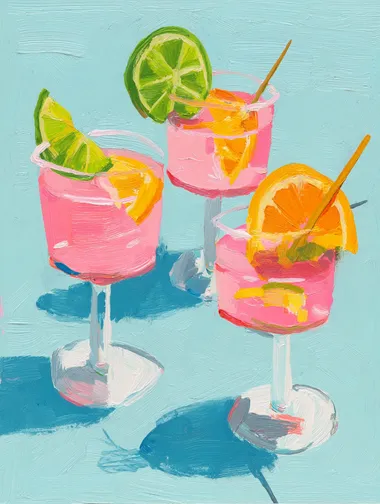 A gouache painting of three pink cocktails with lime and orange slices, in the style of Maira Kalman. The painting features pastel colors, a cute art style, and a fun vibe, set against a light blue background.    gy68by1