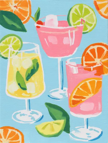 A gouache painting of three pink cocktails with lime and orange slices, in the style of Maira Kalman. The painting features pastel colors, a cute art style, and a fun vibe, set against a light blue background.    gy68by1