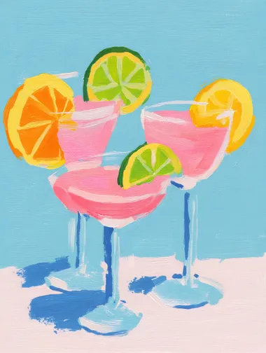 A gouache painting of three pink cocktails with lime and orange slices, in the style of Maira Kalman. The painting features pastel colors, a cute art style, and a fun vibe, set against a light blue background.    gy68by1