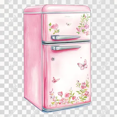 Watercolor hand drawn illustration of a pink refrigerator, white and pink colors, use dainty and pretty floral patterns in the style of Cath Kidston, sharp definition and highly detailed, no mockups, isolated on a white background, no shadows