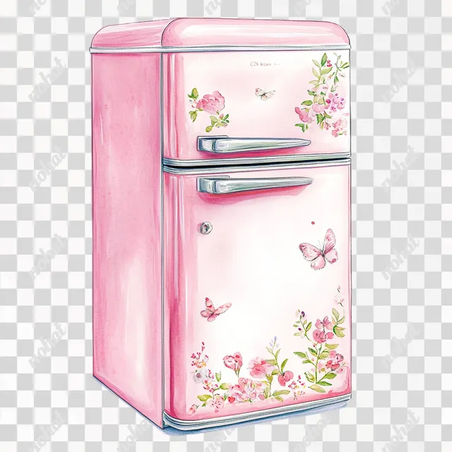 Charming Pink Refrigerator with Floral Patterns in Watercolor Style