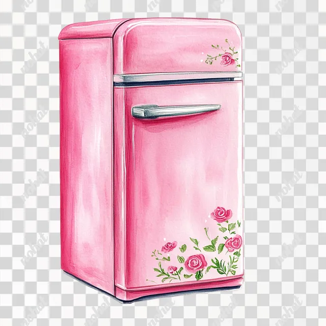 Charming Pink Refrigerator with Floral Patterns in Watercolor Style