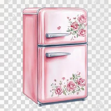 Watercolor hand drawn illustration of a pink refrigerator, white and pink colors, use dainty and pretty floral patterns in the style of Cath Kidston, sharp definition and highly detailed, no mockups, isolated on a white background, no shadows