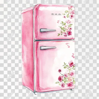 Watercolor hand drawn illustration of a pink refrigerator, white and pink colors, use dainty and pretty floral patterns in the style of Cath Kidston, sharp definition and highly detailed, no mockups, isolated on a white background, no shadows