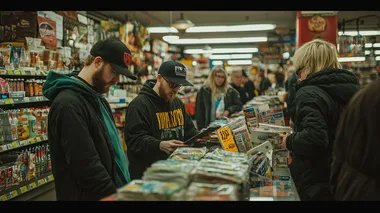 A busy checkout line with customers waiting patiently, a cashier quickly scanning items --s 200