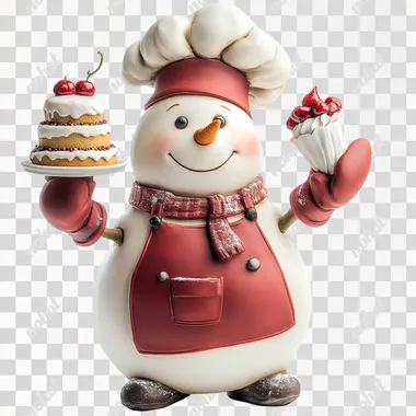 Happy snowman figurine wearing a chef's hat, red apron and gloves, holding a cake in one hand and a piping bag in the other, on a white background. Resin material v 6.0