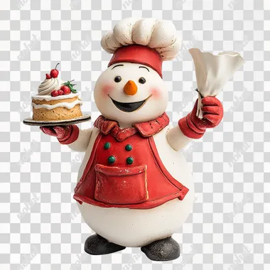 Happy snowman figurine wearing a chef's hat, red apron and gloves, holding a cake in one hand and a piping bag in the other, on a white background. Resin material v 6.0