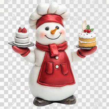 Happy snowman figurine wearing a chef's hat, red apron and gloves, holding a cake in one hand and a piping bag in the other, on a white background. Resin material v 6.0