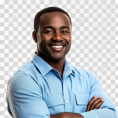 FRONTAL: security officer, african male adult, early fourties, smiling, happy, arms crossed, blue shirt, neat, photography, high key, light from left, studiophotography, balanced colors, isolated on white,  legs, creases - seed 2806432804 --s 250
