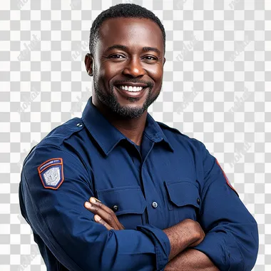 FRONTAL: security officer, african male adult, early fourties, smiling, happy, arms crossed, blue shirt, neat, photography, high key, light from left, studiophotography, balanced colors, isolated on white,  legs, creases - seed 2806432804 --s 250