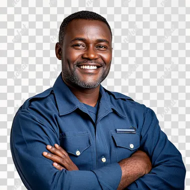 FRONTAL: security officer, african male adult, early fourties, smiling, happy, arms crossed, blue shirt, neat, photography, high key, light from left, studiophotography, balanced colors, isolated on white,  legs, creases - seed 2806432804 --s 250
