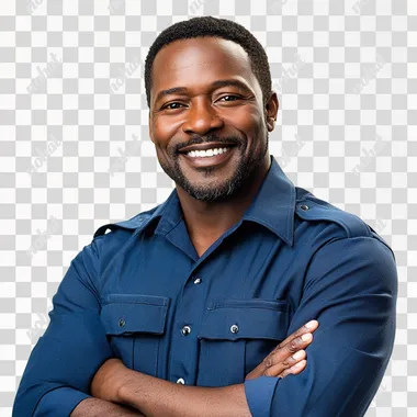 FRONTAL: security officer, african male adult, early fourties, smiling, happy, arms crossed, blue shirt, neat, photography, high key, light from left, studiophotography, balanced colors, isolated on white,  legs, creases - seed 2806432804 --s 250