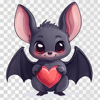A cartoon cute bat, holding a heart, winking at the reader