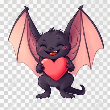 A cartoon cute bat, holding a heart, winking at the reader