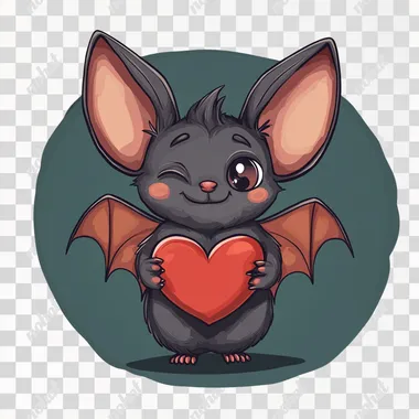 A cartoon cute bat, holding a heart, winking at the reader