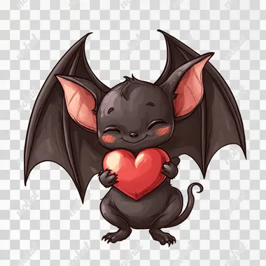 A cartoon cute bat, holding a heart, winking at the reader