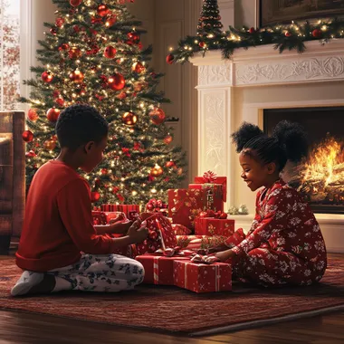 realistic stylized African American little boys and teenage girl wearing pajamas, sitting in front of fireplace opening presents, side view, beside elaborate Christmas tree