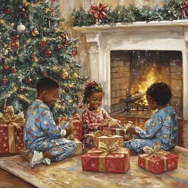 realistic stylized African American little boys and teenage girl wearing pajamas, sitting in front of fireplace opening presents, side view, beside elaborate Christmas tree
