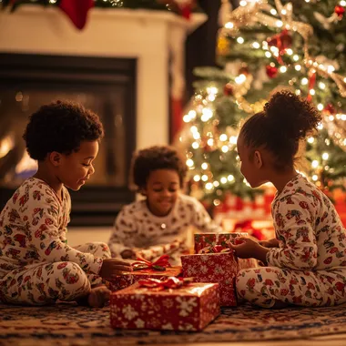 realistic stylized African American little boys and teenage girl wearing pajamas, sitting in front of fireplace opening presents, side view, beside elaborate Christmas tree