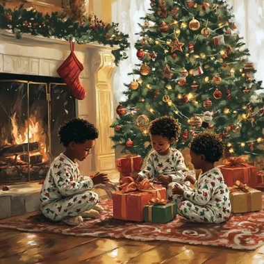 realistic stylized African American little boys and teenage girl wearing pajamas, sitting in front of fireplace opening presents, side view, beside elaborate Christmas tree