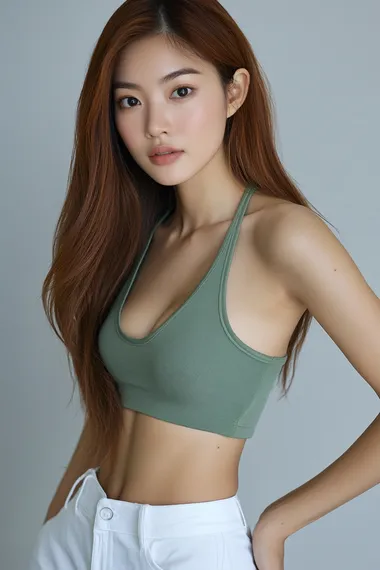 Youthful Asian beauty with a fair complexion and long, center-parted hair. Wearing a Matcha green tank top and white pants, the subject's slender figure and cute pose are captured in a full-body photograph against a light gray background. The professional, high-definition image showcases the subject's striking features and natural beauty.