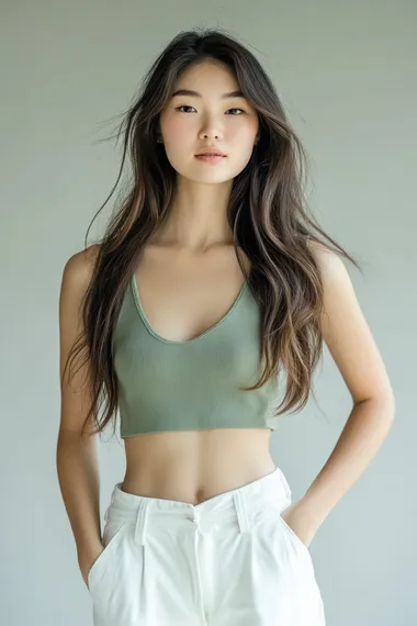 Youthful Asian beauty with a fair complexion and long, center-parted hair. Wearing a Matcha green tank top and white pants, the subject's slender figure and cute pose are captured in a full-body photograph against a light gray background. The professional, high-definition image showcases the subject's striking features and natural beauty.